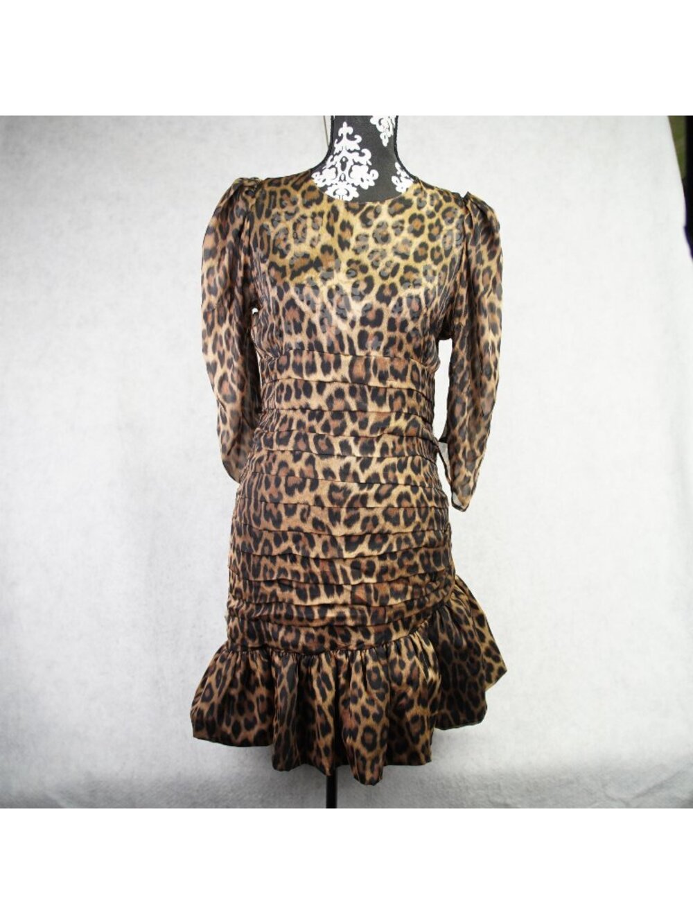 Magda Butrym Silk Borneo Mini Dress Leopard Print Puffed Sleeves Sz FR 36 Read